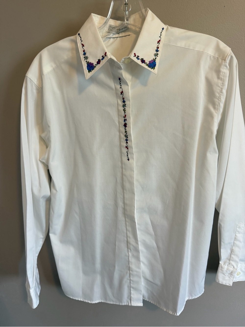 Vintage Single Needle Tailoring Floral Embroidered White Button Up Shirt M